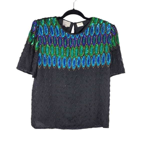Vintage Silk Sequin Beaded Peacock Print Relaxed Fit Top Size M Stenay 80s 90s - Picture 1 of 12